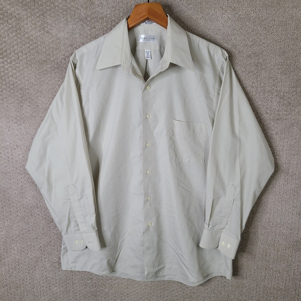 Van Heusen Shirt Mens 16.5‎ 32/33 Beige Button Down Poplin Wrinkle Free Casual